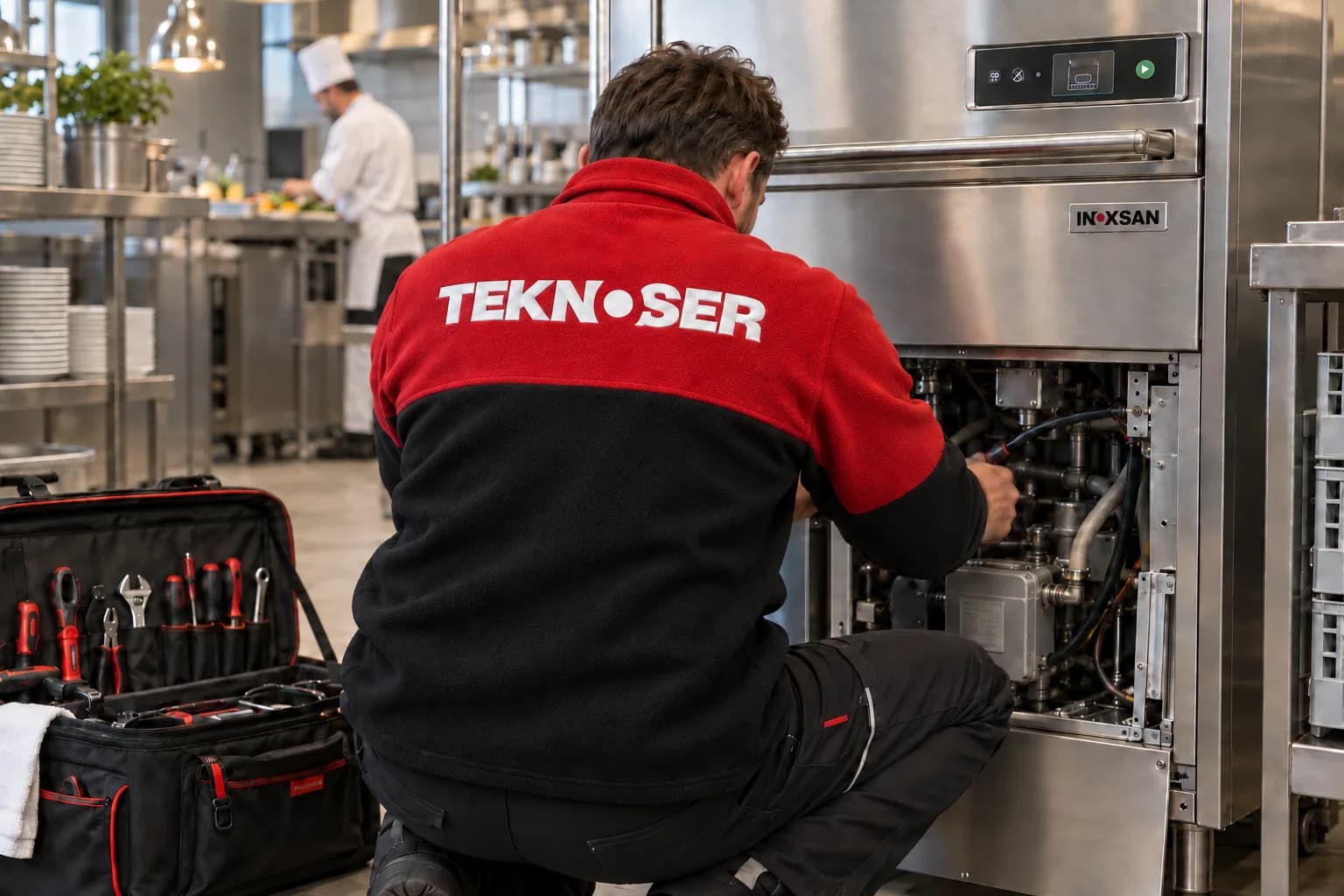 Teknoser technician servicing professional kitchen equipment