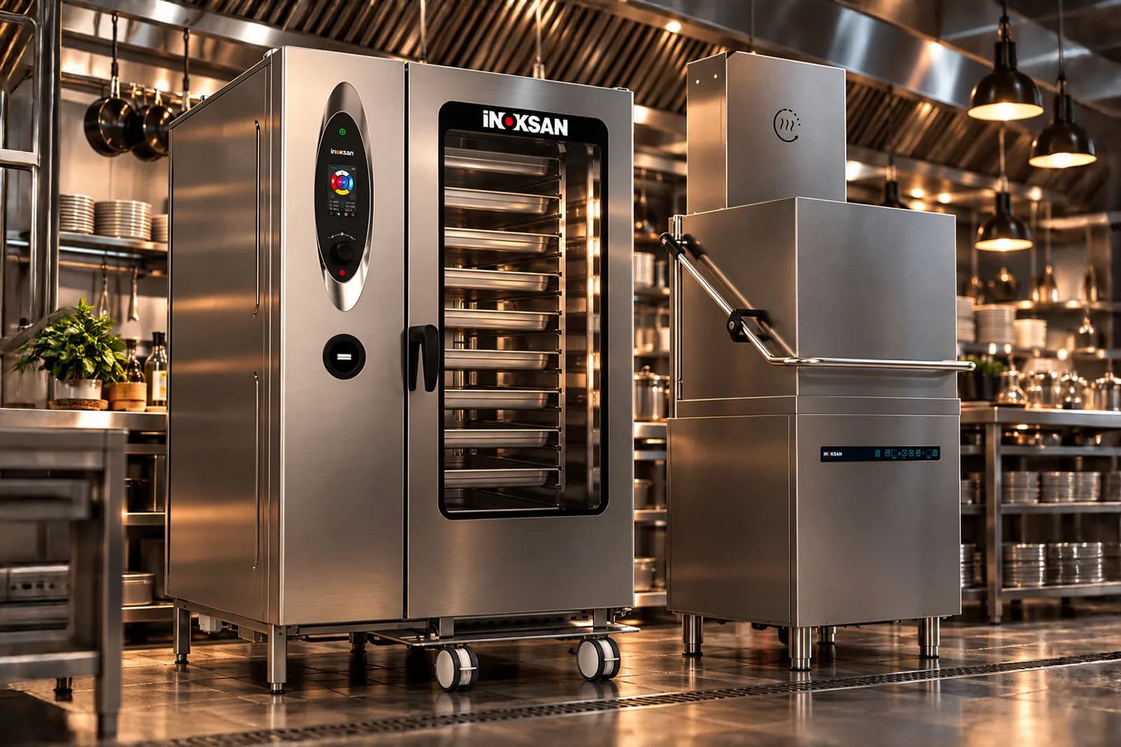 Professional kitchen with an İnoksan combi oven and dishwasher