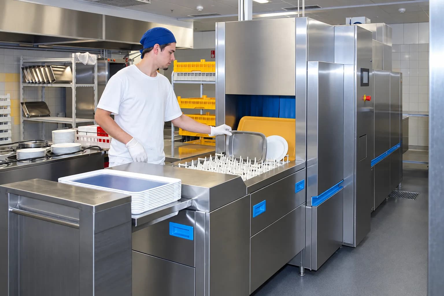 Industrial dishwashing area and dish washing line